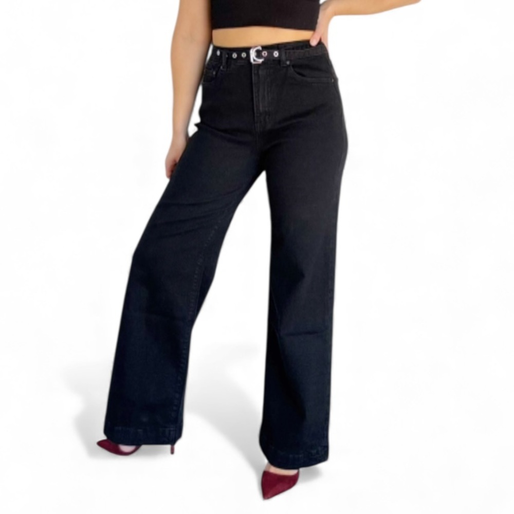 Scotch & Soda The Wave black high rise wide leg belted jeans size 0/25
